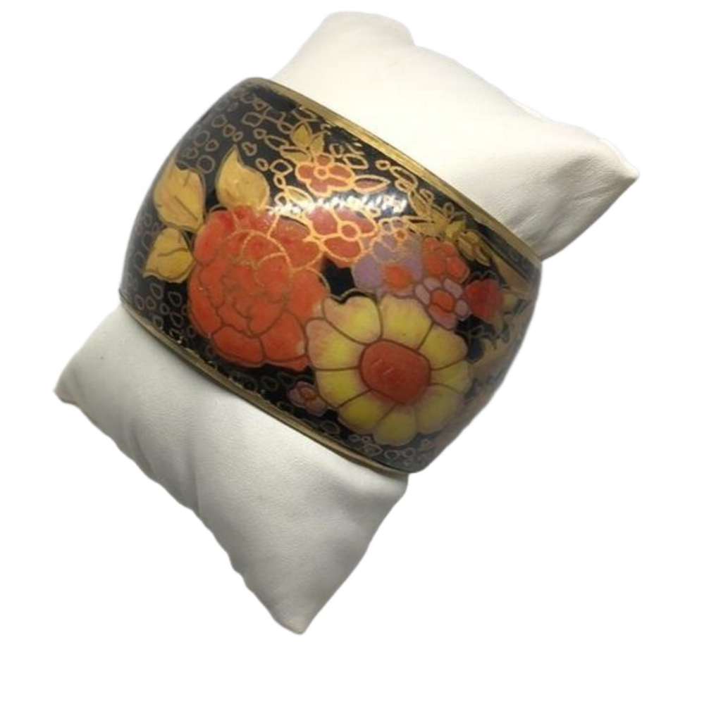 Vintage brassy wide enamel flower bangle bracelet boho-statement hand work